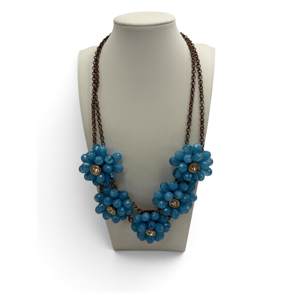 NY & Company Blue‎ Beaded Flower Statement Necklace Rhinestone Boho Y2K Festival